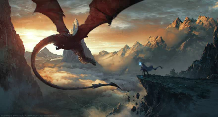 HD fantasy desktop wallpaper featuring a wizard facing a massive wyvern dragon over a misty mountainous landscape at sunset.