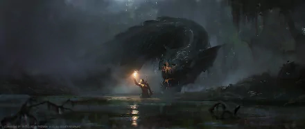 HD fantasy PC desktop wallpaper depicting a dark, misty scene with a glowing figure confronting a massive, shadowy dragon in a swamp-like environment.