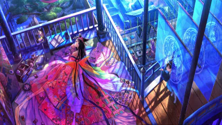 HD desktop wallpaper featuring an anime girl with black hair and purple eyes in an elaborate kimono, lying beside a cat on a colorful balcony with an oriental theme.