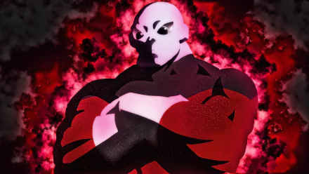 HD desktop wallpaper of Jiren from Dragon Ball Super, featuring bold colors and dramatic lighting with a fiery background.