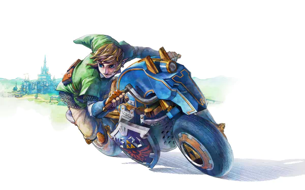 HD PC desktop wallpaper featuring Link from the video game Mario Kart 8 riding a sleek motorcycle with a white background and a faint castle in the distance.