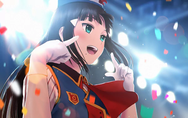 Dia Kurosawa from Love Live! Sunshine!! smiling on stage amid confetti, anime HD PC desktop wallpaper/background with vibrant lighting and a dynamic concert pose.