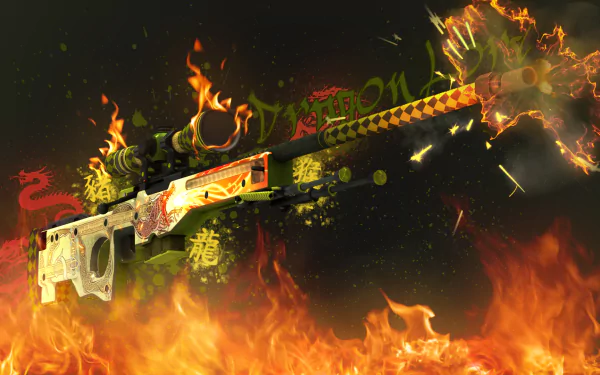 A striking HD desktop wallpaper featuring the AWP Azimov and Dragon Lore skin from Counter-Strike: Global Offensive, enveloped in dramatic flames and vibrant graphics.