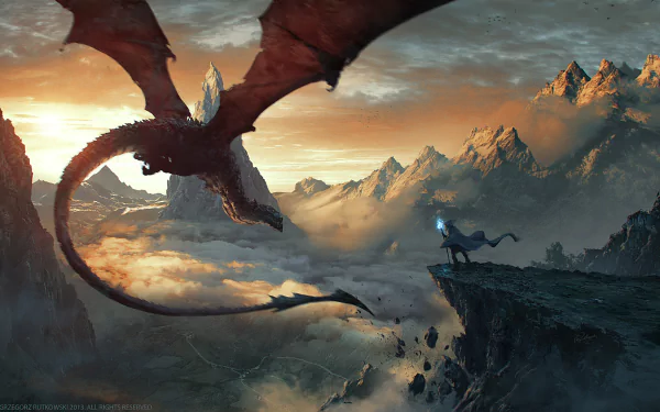 HD fantasy desktop wallpaper featuring a wizard facing a massive wyvern dragon over a misty mountainous landscape at sunset.