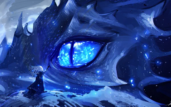 HD desktop wallpaper from the TV show Game of Thrones, featuring a stunning close-up of a glowing blue dragon's eye and a figure standing before it in a snowy landscape.