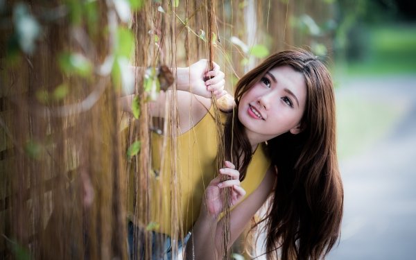 Women Asian Model Brunette Brown Eyes Smile Depth Of Field HD Wallpaper | Background Image