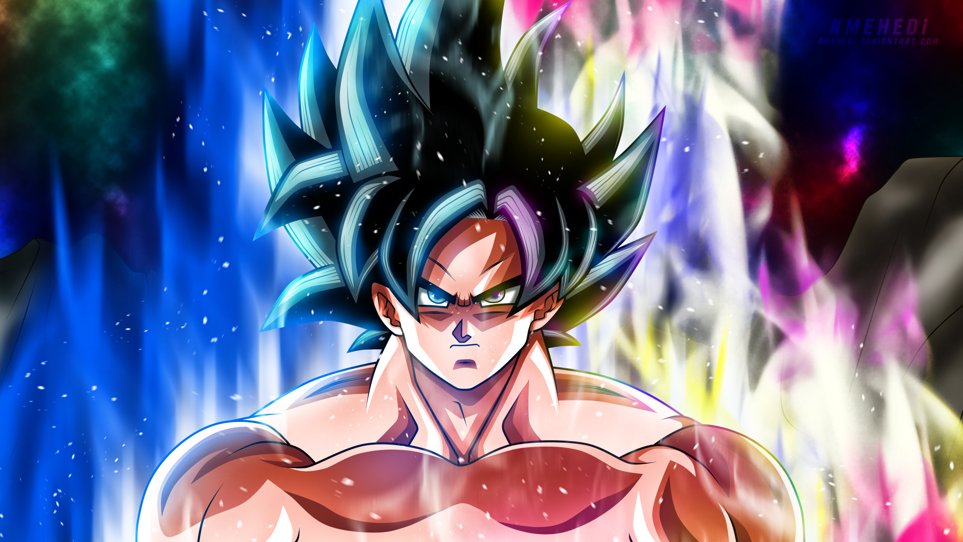 HD desktop wallpaper featuring Goku from Dragon Ball Super, showcasing his intense, focused expression and vibrant, glowing aura against a dynamic background.