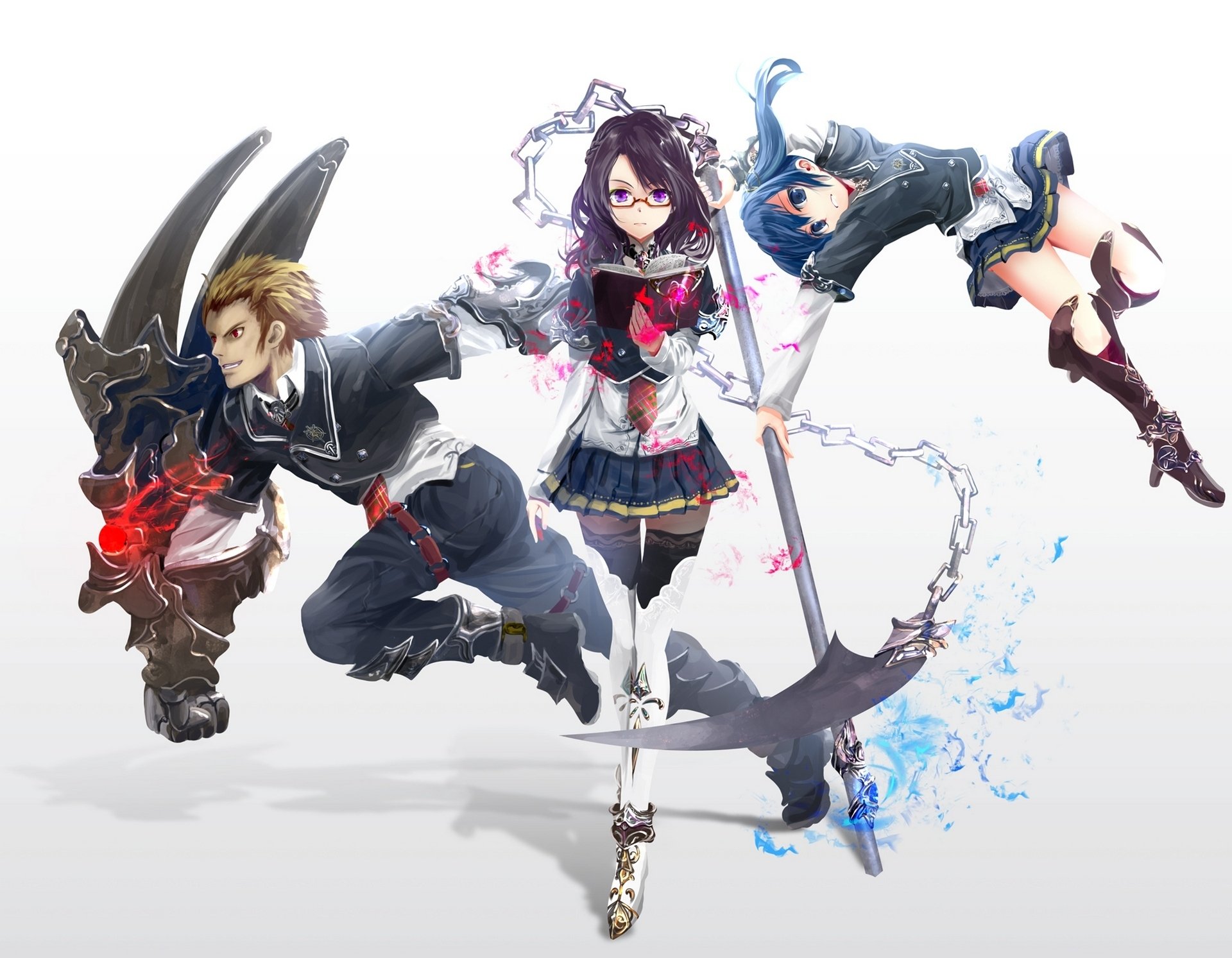 HD anime desktop wallpaper featuring three original characters in school uniforms wielding weapons: a scythe and a large chained blade, with vibrant blue, purple, red, and pink eyes.