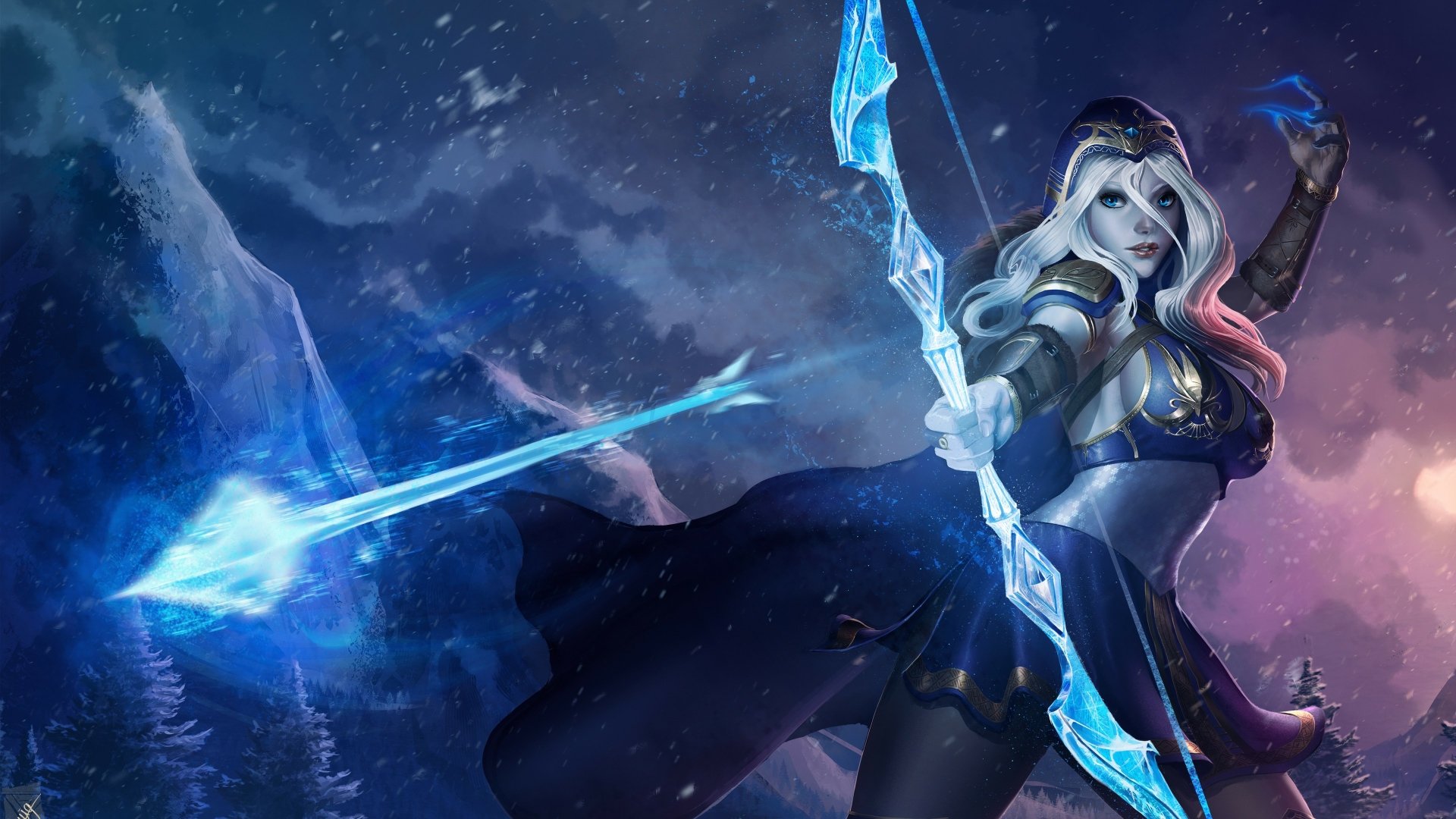 4K Ultra HD wallpaper of Ashe, the blonde, blue-eyed archer and woman warrior from League of Legends, drawing her glowing ice bow in a mystical night landscape.