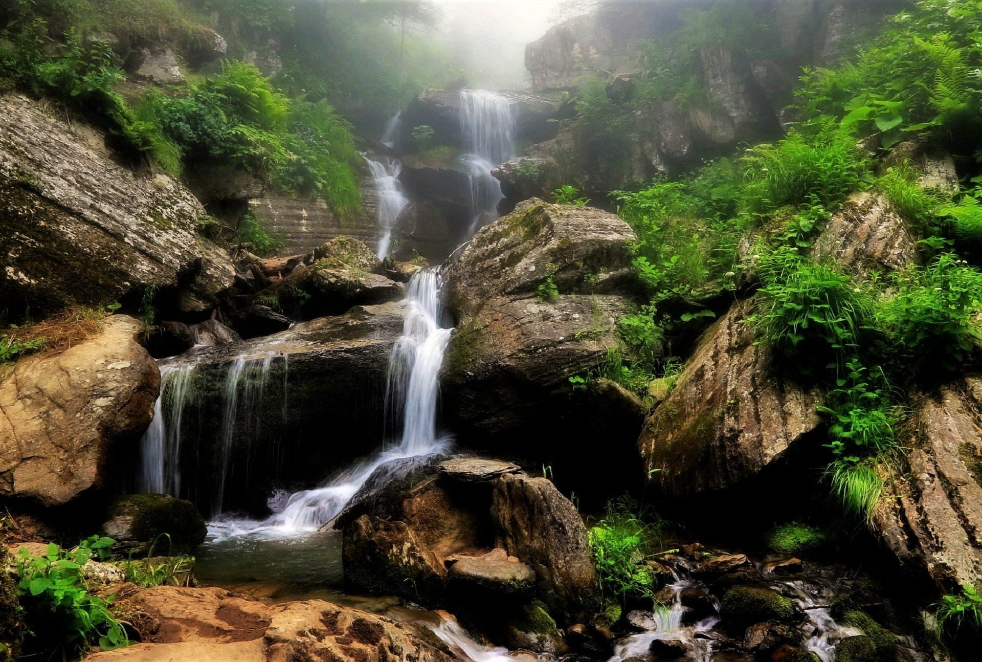Waterfalls in Rocky Forest HD Wallpaper | Background Image ...