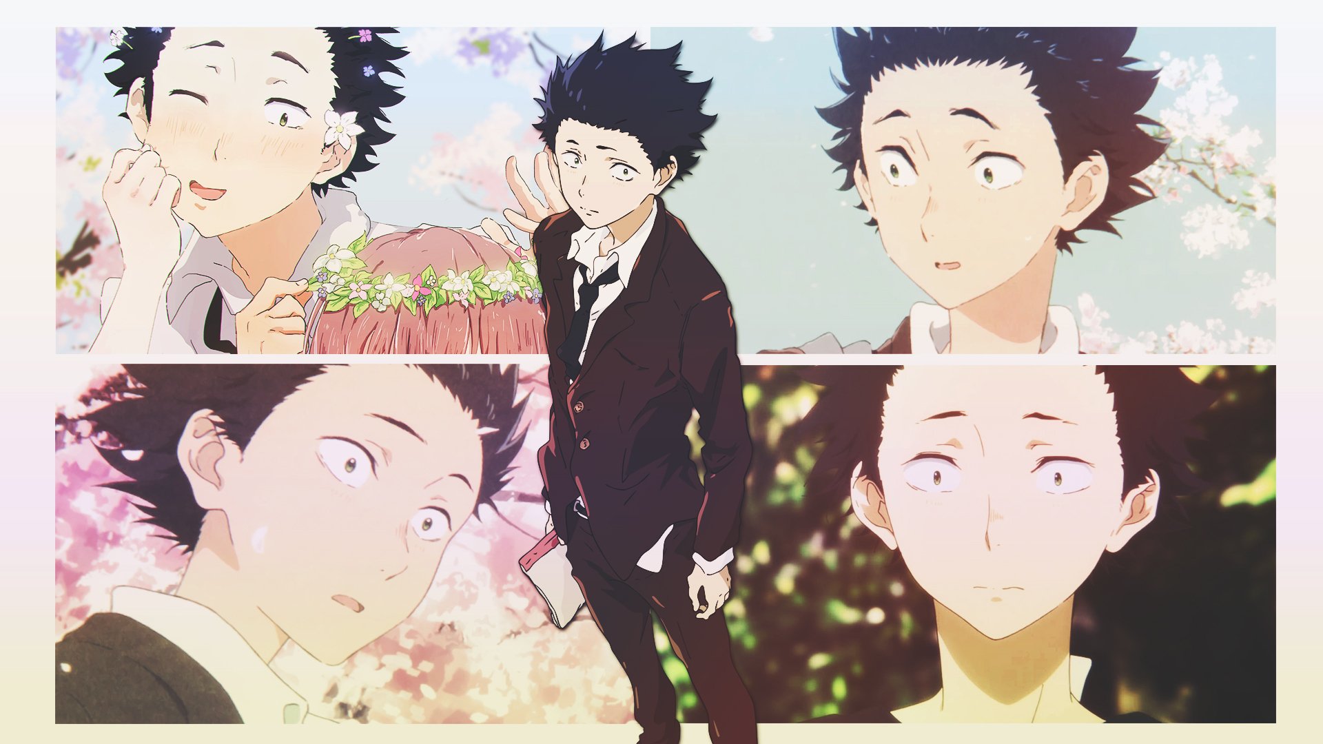 HD PC wallpaper featuring Shouya Ishida from the anime A Silent Voice, showing multiple expressive close-up and full-body views against a soft floral background.