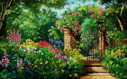 HD desktop wallpaper of a colorful English garden with vibrant flowers, lush greenery, and an artistic wrought-iron gate framed by brick pillars.