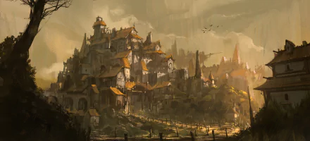 HD fantasy desktop wallpaper depicting an ancient, sprawling building complex with towering structures under a cloudy sky and distant spires.