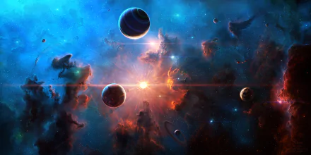 HD desktop wallpaper depicting a stunning Sci-Fi space scene with vibrant nebulae, stars, and multiple planets against a cosmic background.