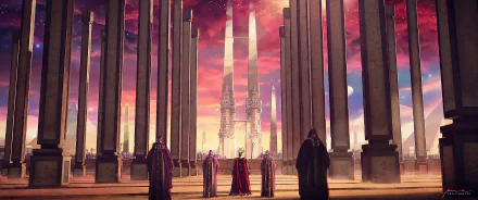 Fantasy cityscape with towering spires and robed figures framed by colossal pillars, set against a vivid sky—HD PC desktop wallpaper and background.