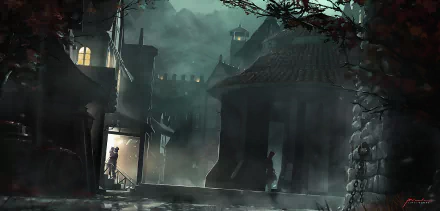 Dark, atmospheric HD PC desktop wallpaper featuring a foggy, shadowy village scene with gothic architecture and mysterious figures, evoking an artistic, eerie mood.