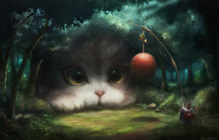 A fantasy wallpaper featuring a giant cat's face emerging from a forest, with a small figure holding a fishing rod towards a red ball. The high-definition image serves as an enchanting desktop background.