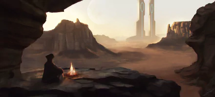 A fantasy landscape HD desktop wallpaper depicting a lone figure beside a campfire on rocky terrain with towering futuristic structures and a large moon in the hazy sky.