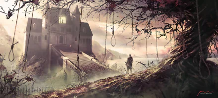 A dark fantasy HD desktop wallpaper featuring a foggy bridge leading to a mysterious castle, with twisted trees and a lone figure in a haunting, atmospheric landscape.