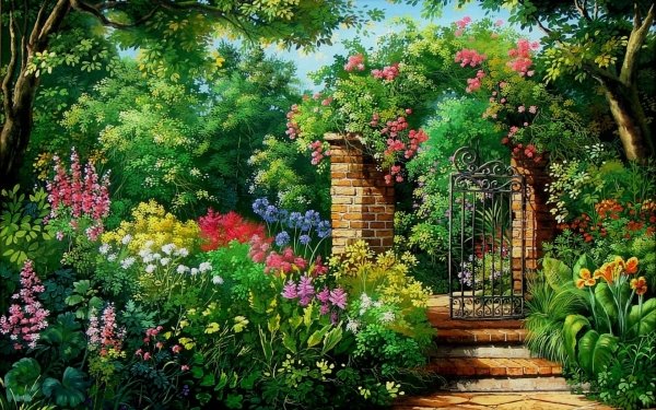 Artistic Painting Garden English Garden Flower Colorful Gate HD Wallpaper | Background Image