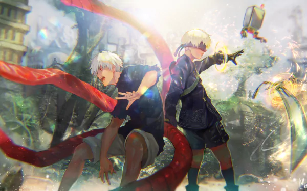 This HD desktop wallpaper is a crossover featuring YoRHa No.9 Type S from NieR: Automata and Ken Kaneki from Tokyo Ghoul, set in a dynamic anime-style background with vibrant colors and action elements.