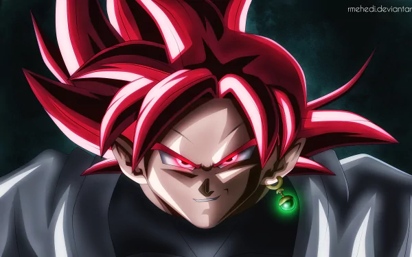 HD desktop wallpaper featuring Black Goku from Dragon Ball Super with intense red hair and eyes, wearing a Potara earring.