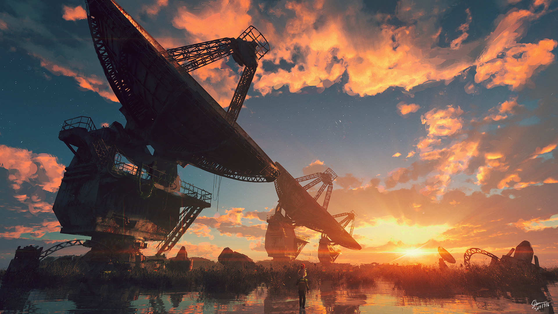 HD anime-inspired wallpaper featuring large satellite dishes silhouetted against a dramatic sunset sky with vivid clouds, providing a striking and serene background.