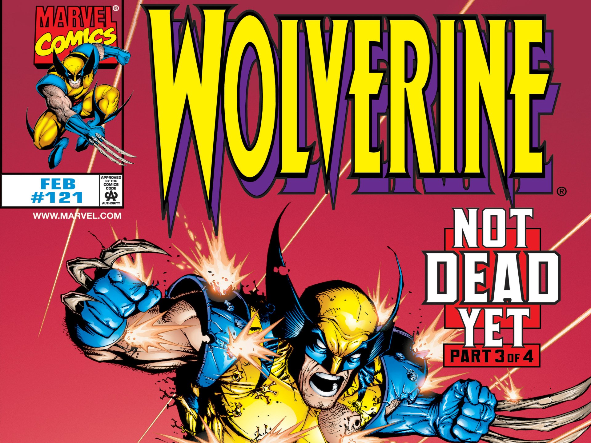 Comic cover-style 4K Ultra HD PC desktop wallpaper: Wolverine lunges forward, claws extended in yellow-and-blue costume beneath bold WOLVERINE title and NOT DEAD YET caption on red background.