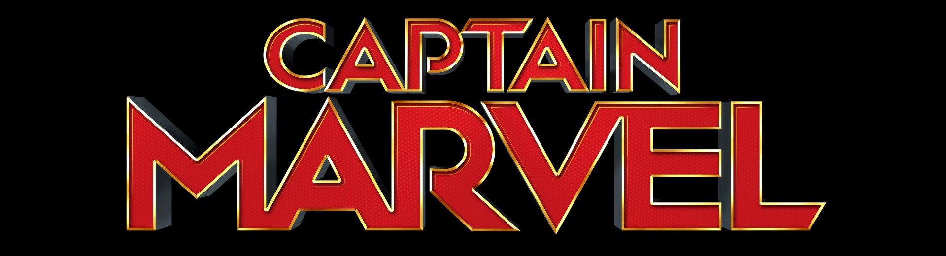 HD PC desktop wallpaper featuring bold red and gold comic-style text spelling Captain Marvel.