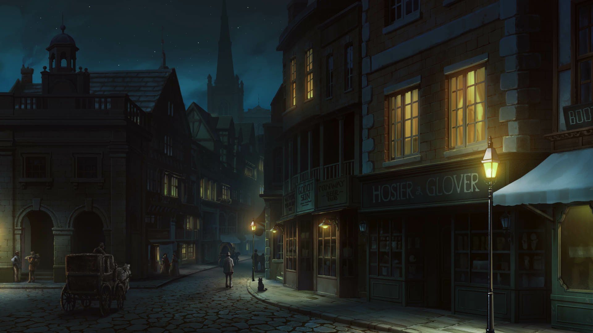 HD anime night scene depicting a dimly lit, quiet street with old buildings and a single figure walking, designed as an original PC desktop wallpaper background.