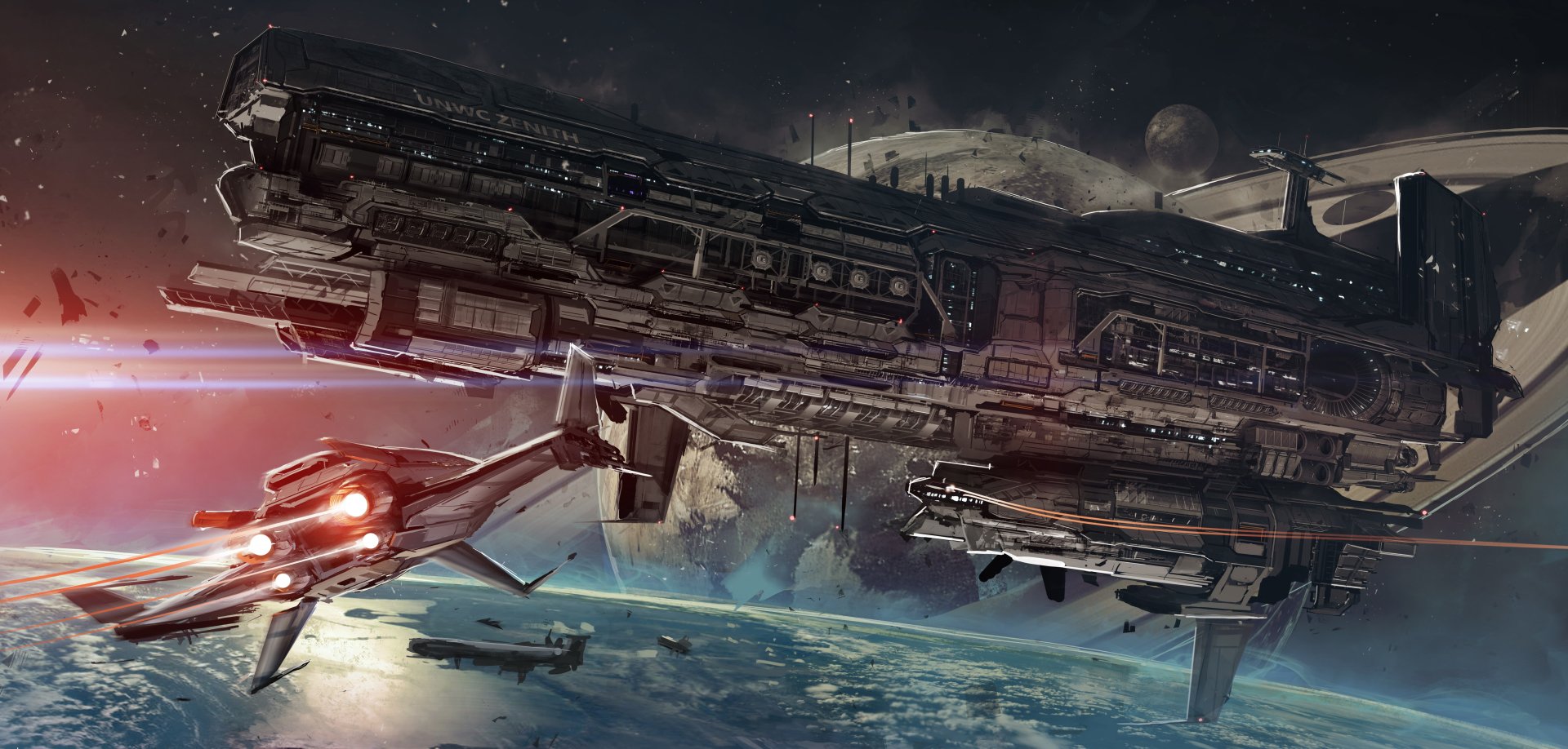 A detailed Sci-Fi spaceship hovers above a planet in space, captured in stunning 4K Ultra HD for a PC desktop wallpaper and background.