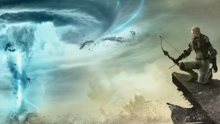 4K Ultra HD Metal Gear Survive wallpaper depicting a character poised with a bow overlooking a cityscape beneath a swirling tornado.