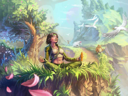 Shauni (Beyond Good & Evil 2) meditates on a lush floating grass ledge amid birds and colorful peaks — HD PC desktop wallpaper/background, video game art.