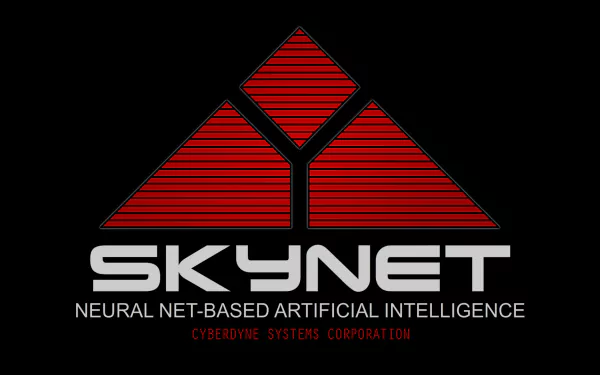 HD PC desktop wallpaper featuring the red Skynet logo and tagline from the movie The Terminator, emphasizing its net-based artificial intelligence concept.