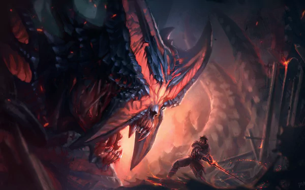 HD desktop wallpaper featuring Kitava the Insatiable, a demon from Path of Exile, engaged in a fierce sword fight with a warrior in a dark, fiery setting.