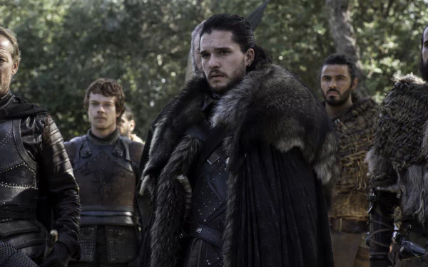 4K Ultra HD Game of Thrones TV desktop wallpaper: cloaked northern lords in fur-lined cloaks standing in a wooded clearing, a fur-collared leader centered and staring forward.