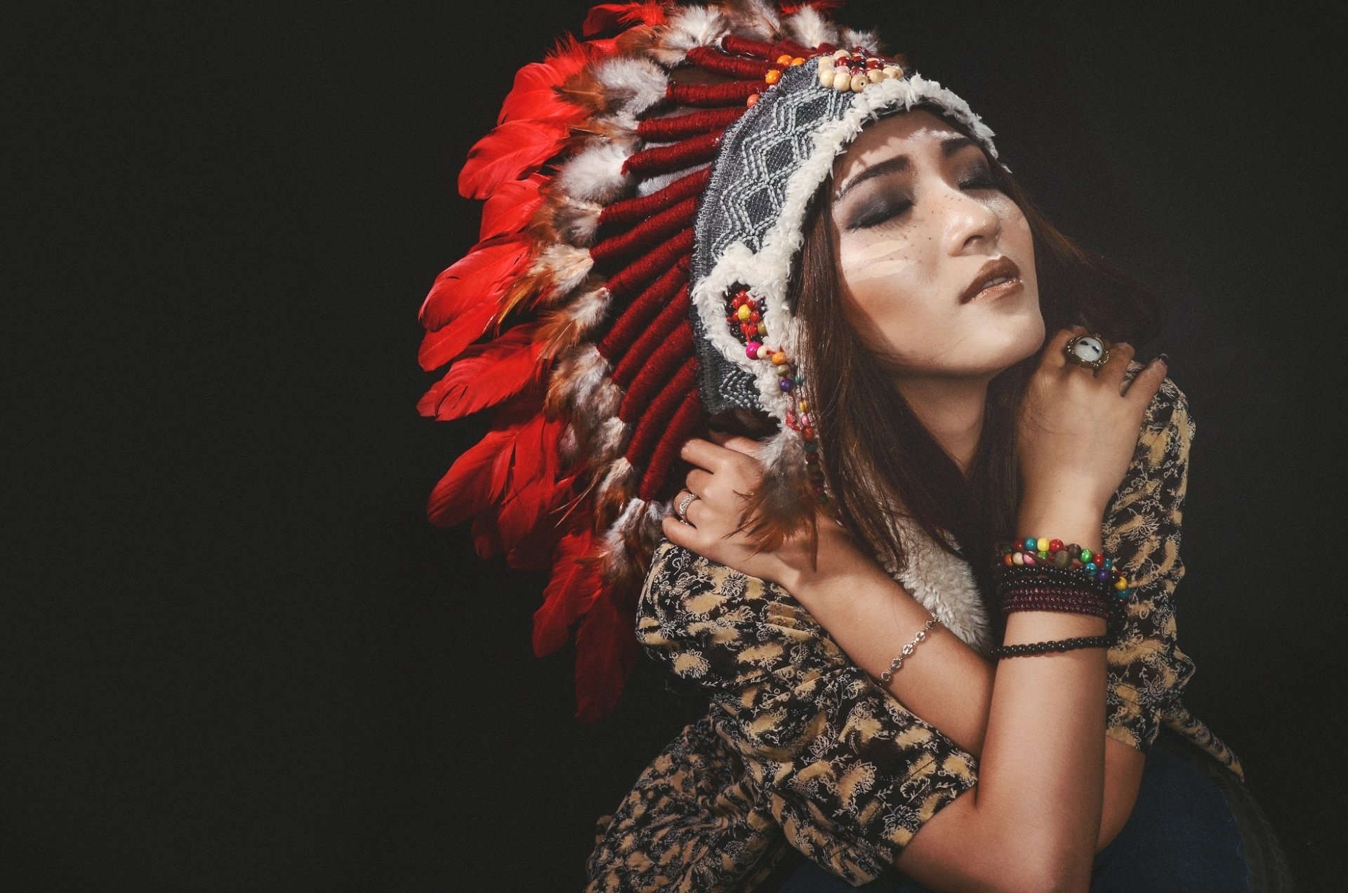 Download Feather Headdress Brunette Asian Model Woman Native American Hd Wallpaper