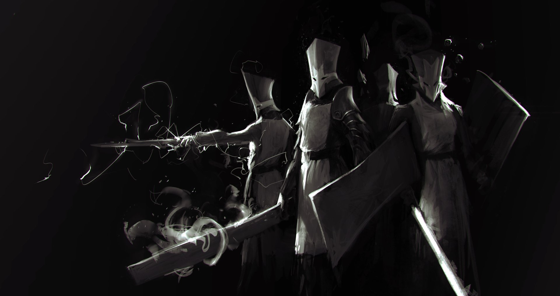 HD desktop wallpaper featuring shadowy warriors in armor wielding swords and shields, inspired by the video game Castle Crashers.