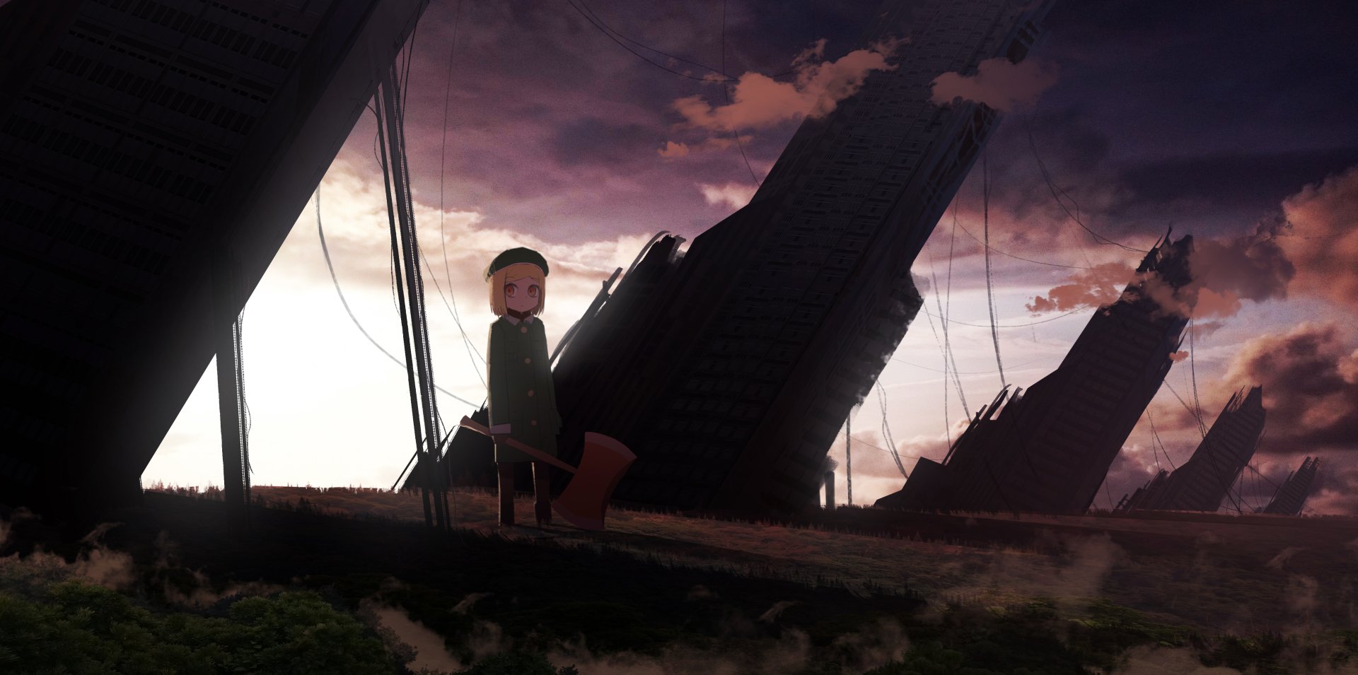 Anime-style Fate/Grand Order 4K Ultra HD desktop wallpaper featuring a character sitting amidst a dramatic, ruined cityscape under a moody sunset sky.