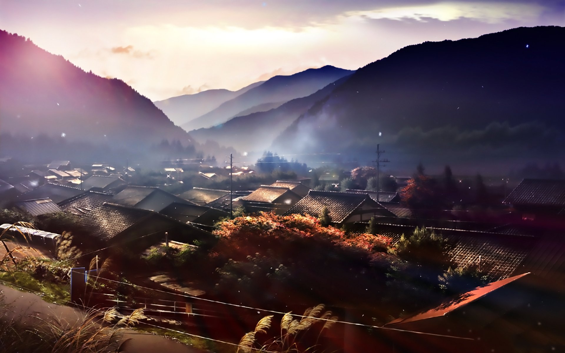 Anime-style HD desktop wallpaper depicting a peaceful village bathed in warm sunshine, nestled among misty mountains with traditional houses under a soft sky.