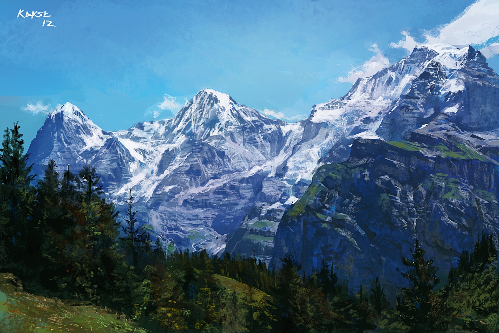 HD artistic painting of a mountain landscape featuring snow-capped peaks, lush greenery, and a bright blue sky, designed as a nature-themed PC desktop wallpaper.