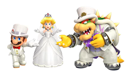 HD desktop wallpaper featuring Mario, Princess Peach, and Bowser from Super Mario Odyssey, all dressed in formal white attire.