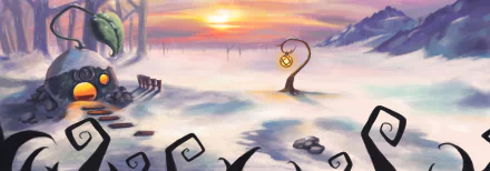 A vibrant fantasy landscape at horizon with a distant house, glowing pendant on a twisted tree, and misty terrain in 4K Ultra HD detail.