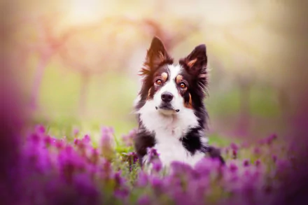 Border collie dog surrounded by purple flowers with a soft depth-of-field bokeh, vibrant 2K Quad HD PC desktop wallpaper background.
