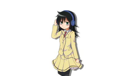 HD PC desktop wallpaper of Tomoko Kuroki (Watamote) — anime-style schoolgirl in a yellow uniform wearing headphones on a white background.
