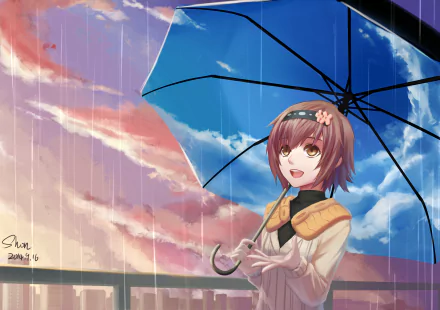 Anime character Hinami Fueguchi from Tokyo Ghoul smiling under an umbrella during a rain at sunset, wearing a sweater and headband, with short brown hair and brown eyes. HD desktop wallpaper background.