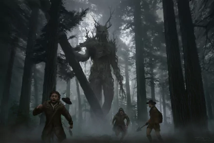 HD wallpaper of a dark, misty forest with a giant, tree-like fantasy creature towering over three fleeing figures, evoking a haunting and mysterious atmosphere.