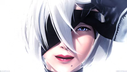 HD desktop wallpaper featuring YoRHa No.2 Type B from the video game NieR: Automata, with a close-up of her face showcasing her white hair, black eye patch, and vibrant eye.