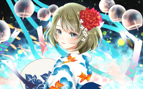 HD PC desktop wallpaper featuring Kaede Takagaki from The iDOLM@STER Cinderella Girls in a vibrant, floral-themed anime style with glowing bubbles and ribbons.