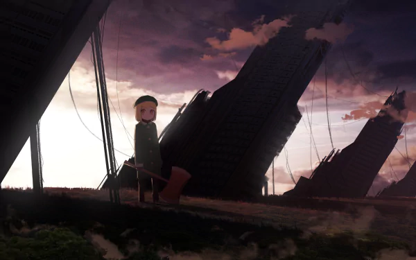 Anime-style Fate/Grand Order 4K Ultra HD desktop wallpaper featuring a character sitting amidst a dramatic, ruined cityscape under a moody sunset sky.